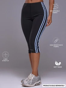 Musera Sport Multi Contrast Colour Stripe Logo Low Rise Fitted Capri Pant Autumn Winter Fall Active Gym Workout Ski Blacksnow - Black - View 2