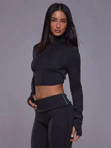 Musera Sport High Neck Logo Cropped Low Tie Back Fitted Long Sleeve Top Autumn Winter Fall Active Gym Workout Ski Blacksnow - Black - View 3