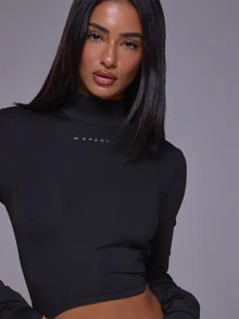 Musera Sport High Neck Logo Cropped Low Tie Back Fitted Long Sleeve Top Autumn Winter Fall Active Gym Workout Ski Blacksnow - Black - View 5