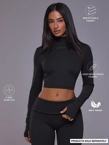 Musera Sport High Neck Logo Cropped Low Tie Back Fitted Long Sleeve Top Autumn Winter Fall Active Gym Workout Ski Blacksnow - Black - View 1