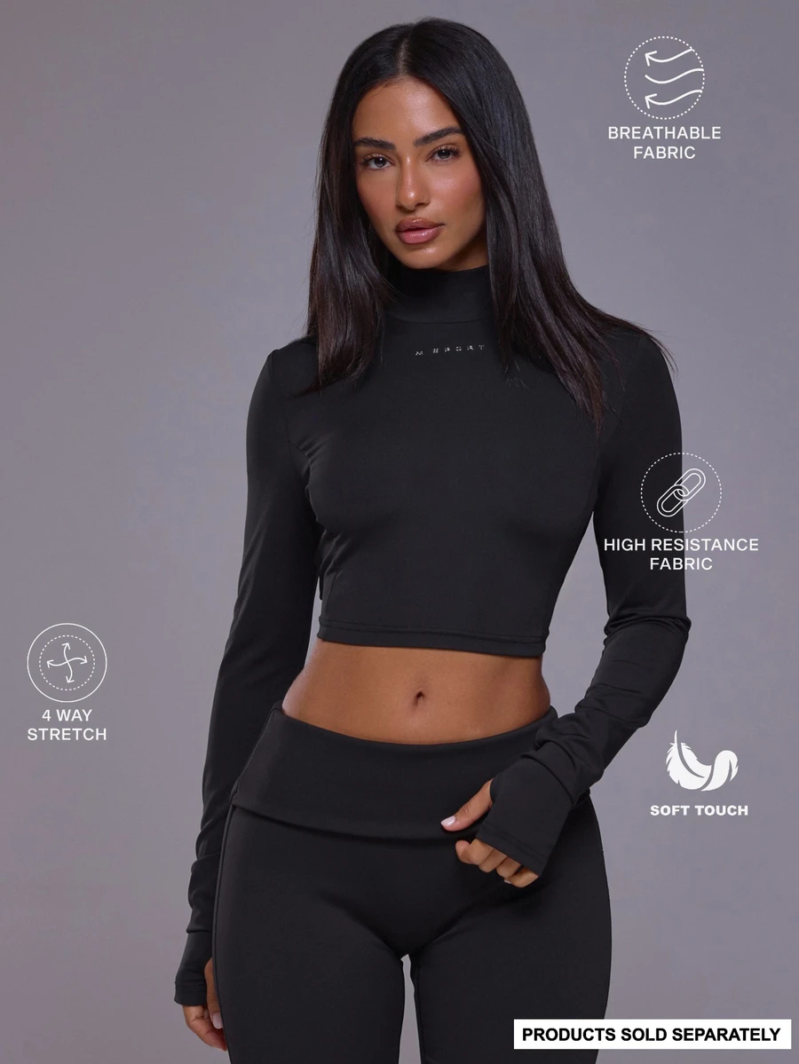 Musera Sport High Neck Logo Cropped Low Tie Back Fitted Long Sleeve Top Autumn Winter Fall Active Gym Workout Ski Blacksnow - Black - View 1