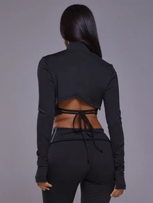 Musera Sport High Neck Logo Cropped Low Tie Back Fitted Long Sleeve Top Autumn Winter Fall Active Gym Workout Ski Blacksnow - Black - View 4