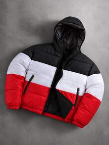 Manfinity Roghcode Men's Colorblock Puffer Jacket, Black Red White Contrast Hooded Zip-Up Loose Fit Winter Coat, Suitable For Streetwear And Daily Wear - Red - View 1