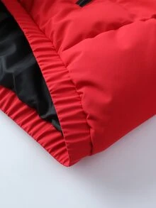 Manfinity Roghcode Men's Colorblock Puffer Jacket, Black Red White Contrast Hooded Zip-Up Loose Fit Winter Coat, Suitable For Streetwear And Daily Wear - Red - View 5