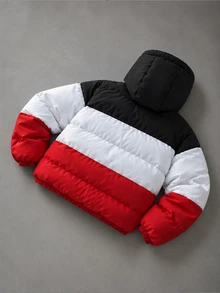 Manfinity Roghcode Men's Colorblock Puffer Jacket, Black Red White Contrast Hooded Zip-Up Loose Fit Winter Coat, Suitable For Streetwear And Daily Wear - Red - View 2
