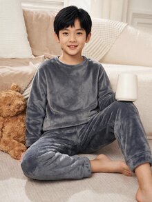 SHEIN 青少年男孩純色圓領長袖秋季上衣與長褲居家休閒套裝 - 灰色 - 查看 8