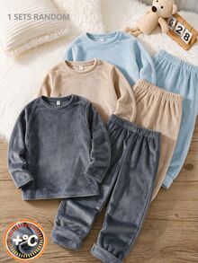 SHEIN 青少年男孩純色圓領長袖秋季上衣與長褲居家休閒套裝 - 灰色 - 查看 1