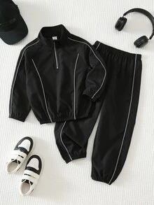 SHEIN Tween Boy Colorblock Long Kids Sleeve Jacket And Pants Casual Everyday Outfit - Black - View 6