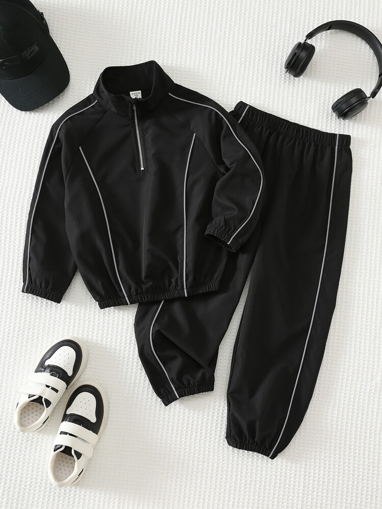 SHEIN Tween Boy Colorblock Long Kids Sleeve Jacket And Pants Casual Everyday Outfit - Black - View 5