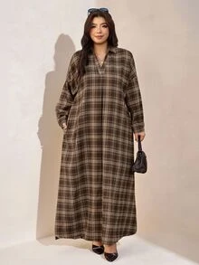 Comfylo 大尺碼女款格紋休閒膠囊衣櫥傳統日常秋季感恩節洋裝 正式外出生日度假棕色 - 咖啡棕 - 查看 2
