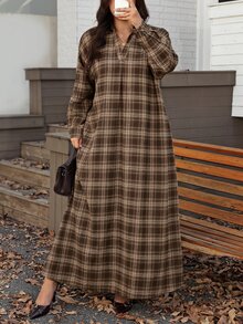 Comfylo 大尺碼女款格紋休閒膠囊衣櫥傳統日常秋季感恩節洋裝 正式外出生日度假棕色 - 咖啡棕 - 查看 7