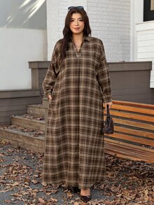 Comfylo 大尺碼女款格紋休閒膠囊衣櫥傳統日常秋季感恩節洋裝 正式外出生日度假棕色 - 咖啡棕 - 查看 4