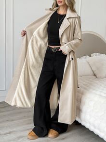Easowa Women's Fall Winter Solid Color Fashion Versatile Daily Casual Minimalist Classic French Elegant Trench Coat Jacket Office Business Beige - Khaki - View 2