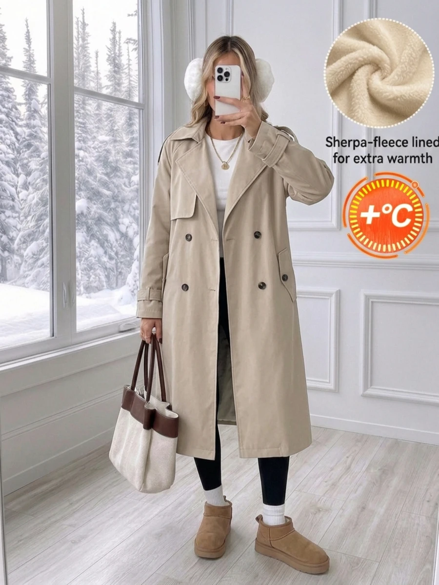 Easowa Women's Fall Winter Solid Color Fashion Versatile Daily Casual Minimalist Classic French Elegant Trench Coat Jacket Office Business Beige - Khaki - View 1
