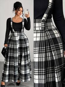 Elenzga Plus Plaid Print Overall Jumpsuit Without Tee Fall - Black and White - View 1