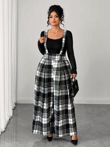 Elenzga Plus Plaid Print Overall Jumpsuit Without Tee Fall - Black and White - View 4