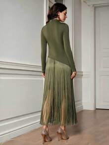 Anewsta Women's New Stand Collar Long Sleeve Patchwork Tassel Dress - Army Green - View 7