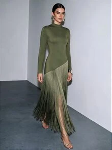 Anewsta Women's New Stand Collar Long Sleeve Patchwork Tassel Dress - Army Green - View 8
