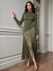 Anewsta Women's New Stand Collar Long Sleeve Patchwork Tassel Dress - Army Green - View 4