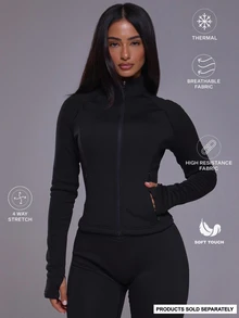 Musera Sport جاكيت حراري بياقة عالية وسحاب كامل وأكمام طويلة بقصة ضيقة بأسلوب BBL للخريف والشتاء، للنشاط الرياضي والجيم والتمرين والتزلج، أسود ثلجي - الأسود - مشاهدة 1