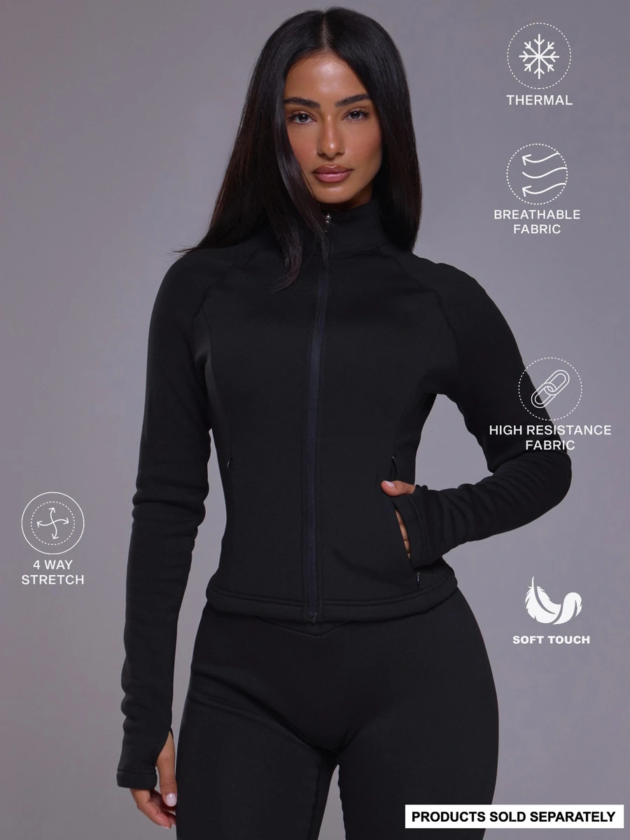 Musera Sport جاكيت حراري بياقة عالية وسحاب كامل وأكمام طويلة بقصة ضيقة بأسلوب BBL للخريف والشتاء، للنشاط الرياضي والجيم والتمرين والتزلج، أسود ثلجي - الأسود - مشاهدة 1