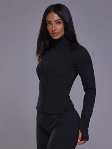 Musera Sport جاكيت حراري بياقة عالية وسحاب كامل وأكمام طويلة بقصة ضيقة بأسلوب BBL للخريف والشتاء، للنشاط الرياضي والجيم والتمرين والتزلج، أسود ثلجي - الأسود - مشاهدة 3