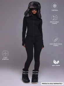 Musera Sport جاكيت حراري بياقة عالية وسحاب كامل وأكمام طويلة بقصة ضيقة بأسلوب BBL للخريف والشتاء، للنشاط الرياضي والجيم والتمرين والتزلج، أسود ثلجي - الأسود - مشاهدة 2