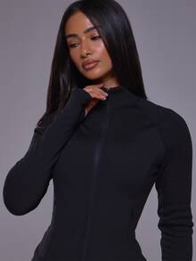 Musera Sport جاكيت حراري بياقة عالية وسحاب كامل وأكمام طويلة بقصة ضيقة بأسلوب BBL للخريف والشتاء، للنشاط الرياضي والجيم والتمرين والتزلج، أسود ثلجي - الأسود - مشاهدة 5