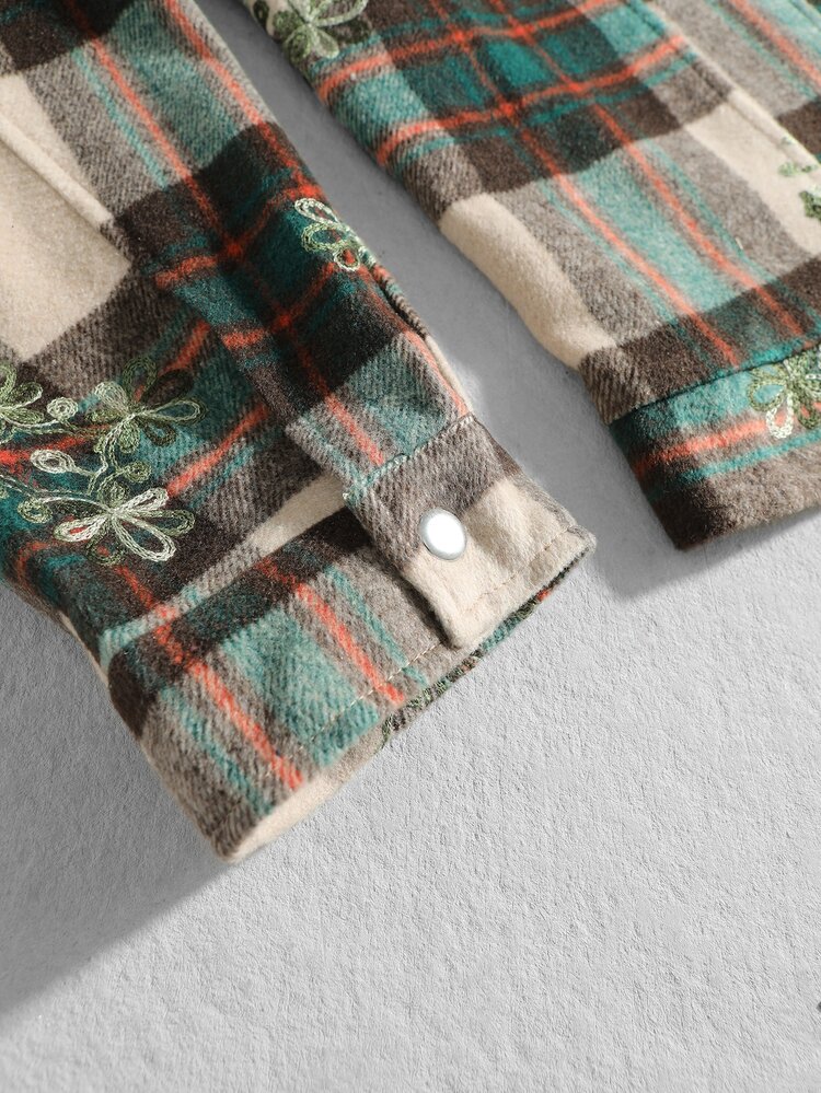 ROMWE MEN Men's Embroidered Floral Plaid Loose Fit Jacket - Multicolor - View 8