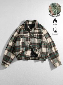 ROMWE MEN Men's Embroidered Floral Plaid Loose Fit Jacket - Multicolor - View 9
