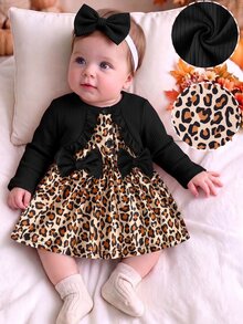 SHEIN 2pcs Newborn Baby Girls Tutu Dress Cute Sweet Black Leopard Bow Ruffle Ribbed Long Sleeve Round Neck Regular Holiday Fall Elegant Chic Decor - Black - View 8