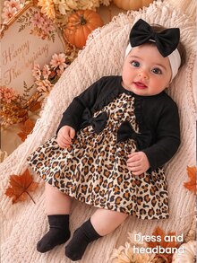SHEIN 2pcs Newborn Baby Girls Tutu Dress Cute Sweet Black Leopard Bow Ruffle Ribbed Long Sleeve Round Neck Regular Holiday Fall Elegant Chic Decor - Black - View 1
