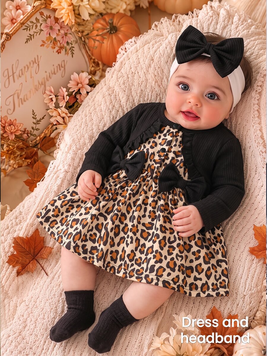 SHEIN 2pcs Newborn Baby Girls Tutu Dress Cute Sweet Black Leopard Bow Ruffle Ribbed Long Sleeve Round Neck Regular Holiday Fall Elegant Chic Decor - Black - View 1