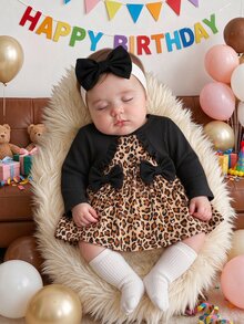 SHEIN 2pcs Newborn Baby Girls Tutu Dress Cute Sweet Black Leopard Bow Ruffle Ribbed Long Sleeve Round Neck Regular Holiday Fall Elegant Chic Decor - Black - View 7