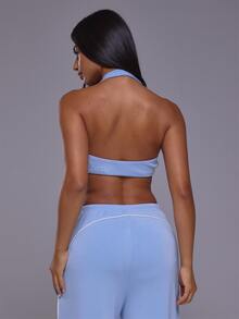 Musera Sport Deep Scoop Halterneck Open Back Soft Brushed Sports Bra Autumn Winter Fall Active Gym Workout Ski Blacksnow - Sky Blue - View 4