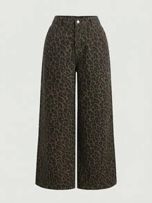 SHEIN MOD 大码豹纹休闲牛仔裤 - 棕色 - 查看 1