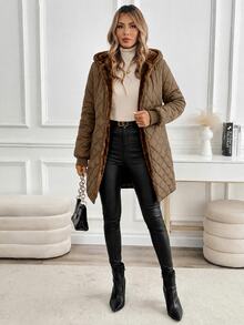 SHEIN Clasi Jaket Musim Dingin Kasual Wanita Lengan Panjang Warna Polos dengan Resleting Depan dan Lapisan Termal, Dilengkapi Tudung. - Rust Brown - View 7