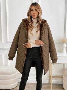 SHEIN Clasi Jaket Musim Dingin Kasual Wanita Lengan Panjang Warna Polos dengan Resleting Depan dan Lapisan Termal, Dilengkapi Tudung. - Rust Brown - View 5