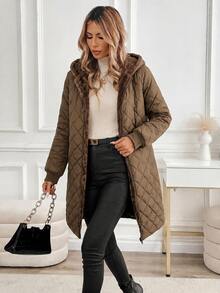 SHEIN Clasi Jaket Musim Dingin Kasual Wanita Lengan Panjang Warna Polos dengan Resleting Depan dan Lapisan Termal, Dilengkapi Tudung. - Rust Brown - View 3