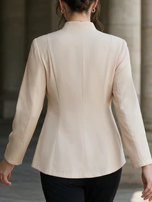 Easura Áo khoác nữ size lớn phong cách thanh lịch thường ngày đi làm, trang trí cúc hình ếch, mùa thu - Màu be - Xem 2