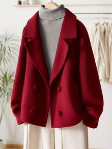 INAWLY Women's Solid Color Minimalist Long Sleeve Fashionable Designed Wool Blend Jacket - Red - View 3