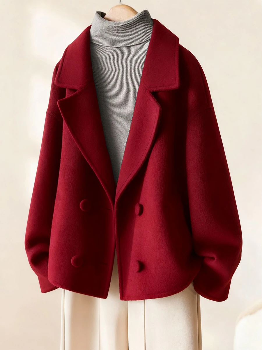 INAWLY Women's Solid Color Minimalist Long Sleeve Fashionable Designed Wool Blend Jacket - Red - View 1