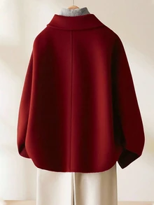 INAWLY Women's Solid Color Minimalist Long Sleeve Fashionable Designed Wool Blend Jacket - Red - View 2