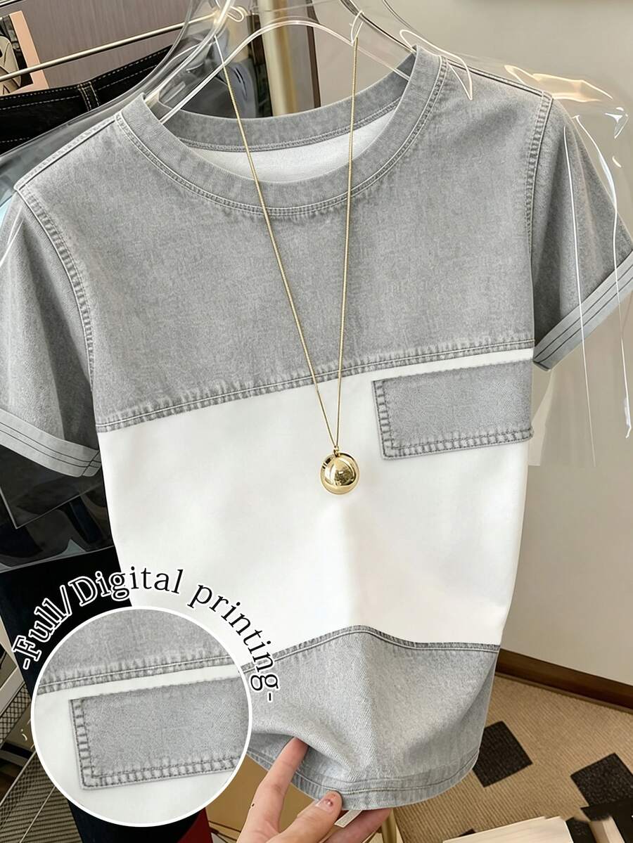 SHEIN Franclia 女士休闲时尚灰色牛仔效果修身针织套头短袖T恤 - 白色 - 查看 1