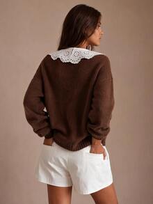 SHEIN Women's Peter Pan Collar Casual Versatile Long Sleeve Sweater - Brown - View 3