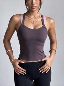 Eassivo Eassivo Women's Contrast Color Strap 2 In 1 Backless Sports Tank Top 2 Pieces Set For Workout, Fitness, Running - Purple - View 3