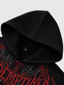 ROMWE MEN Street Life Dark Gothic Print Loose Fit Hoodie - Black - View 4