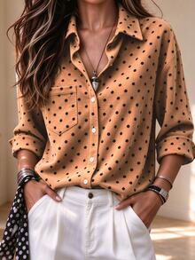 Franclia Women's Polka Dot Casual Daily Long Sleeve Blouse - Camel - View 6