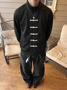 SWAVVY 男士針織時尚休閒寬鬆長袖半拉鍊運動衫 - 黑色 - 查看 6