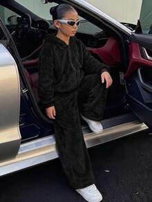 SHEIN Kids Tween Girls Fashion Minimalist Comfortable Long Sleeve Jacket And Pants Set School Sport Black - Black - View 1